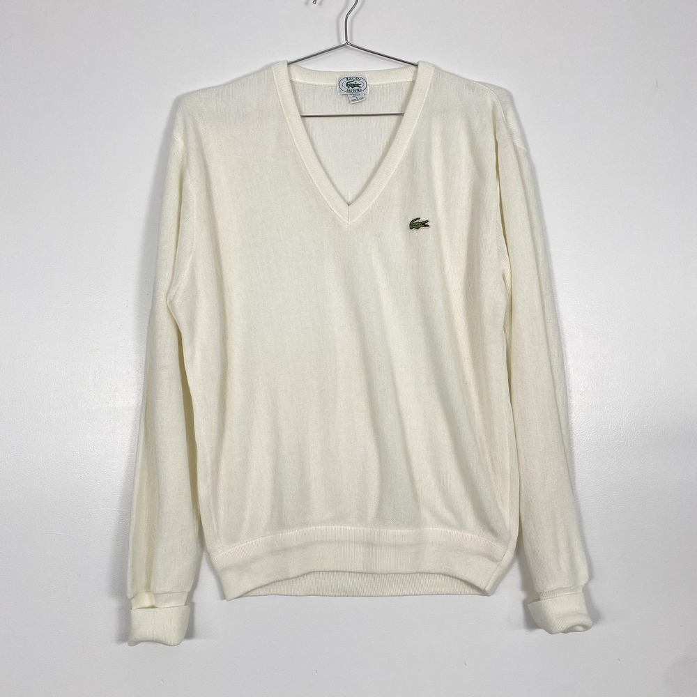 Vintage Izod Lacoste Sweater Mens Large Ivory Acrylic V Neck Pullover Made USA